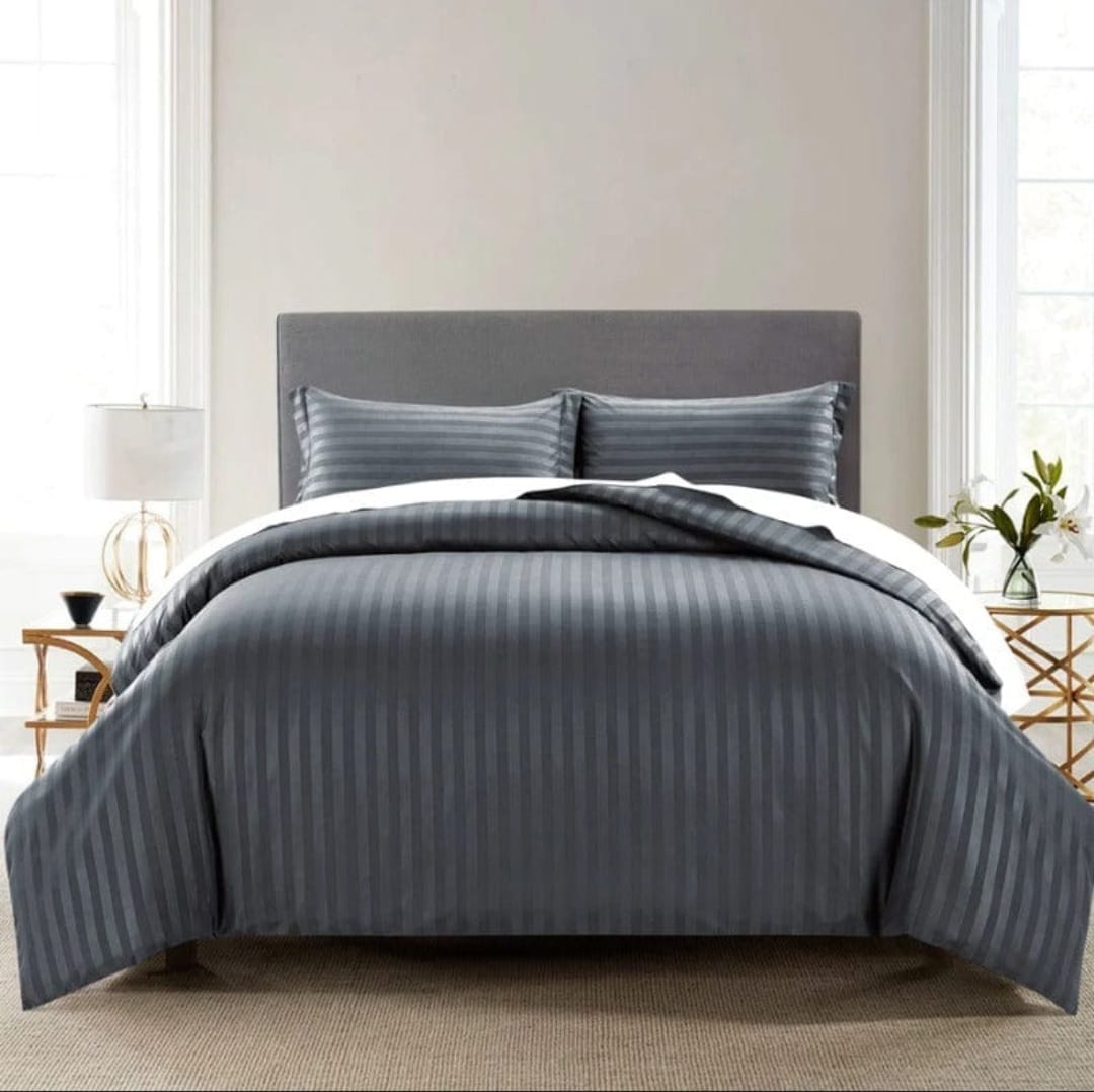 Striped Charcoal Gray Microfiber Bedsheet Set – Super King Size